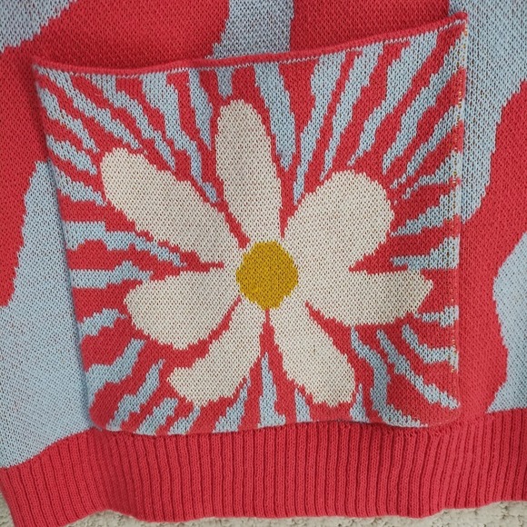 Shannon Passero Cardigan Womens O/S Coral Blue Daisy Graphic Knit Button Pockets - Picture 6 of 8